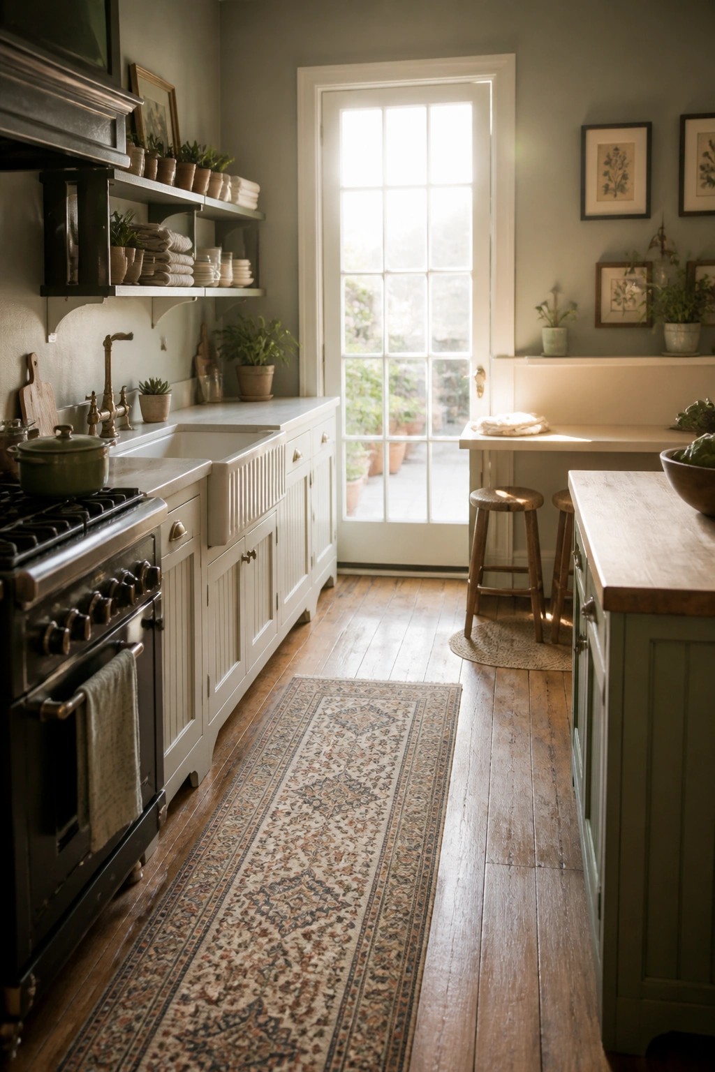 Cozy rustic kitchen with white cabinets, green island, wooden floors, and patterned runner rug