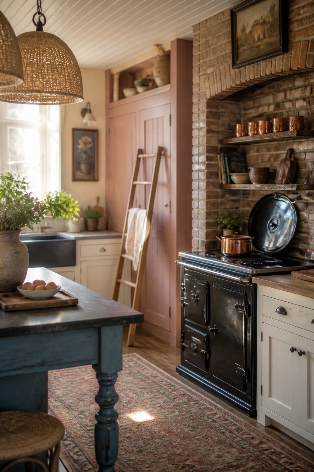 A rustic kitchen interior featuring soft pink cabinets, a black range against a brick wall, a blue wooden island, and woven pendant lights.