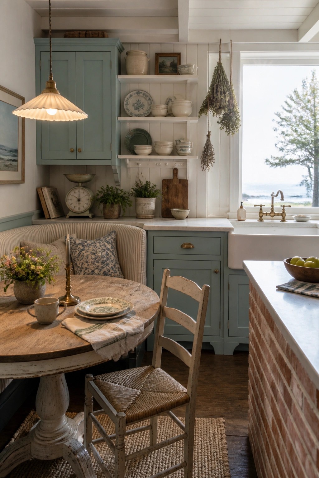 A rustic kitchen with sage green cabinets, a round wooden table, woven chairs, open shelving with dishes, and a window overlooking water.