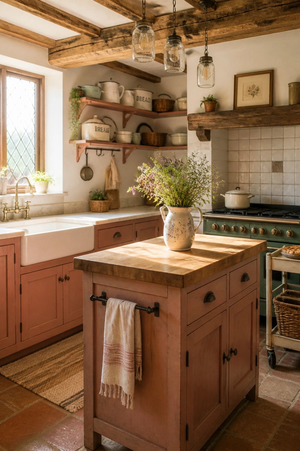A rustic farmhouse kitchen featuring terracotta painted cabinets, a wooden island with a flower-filled pitcher, exposed ceiling beams, and a white farmhouse sink under a window.