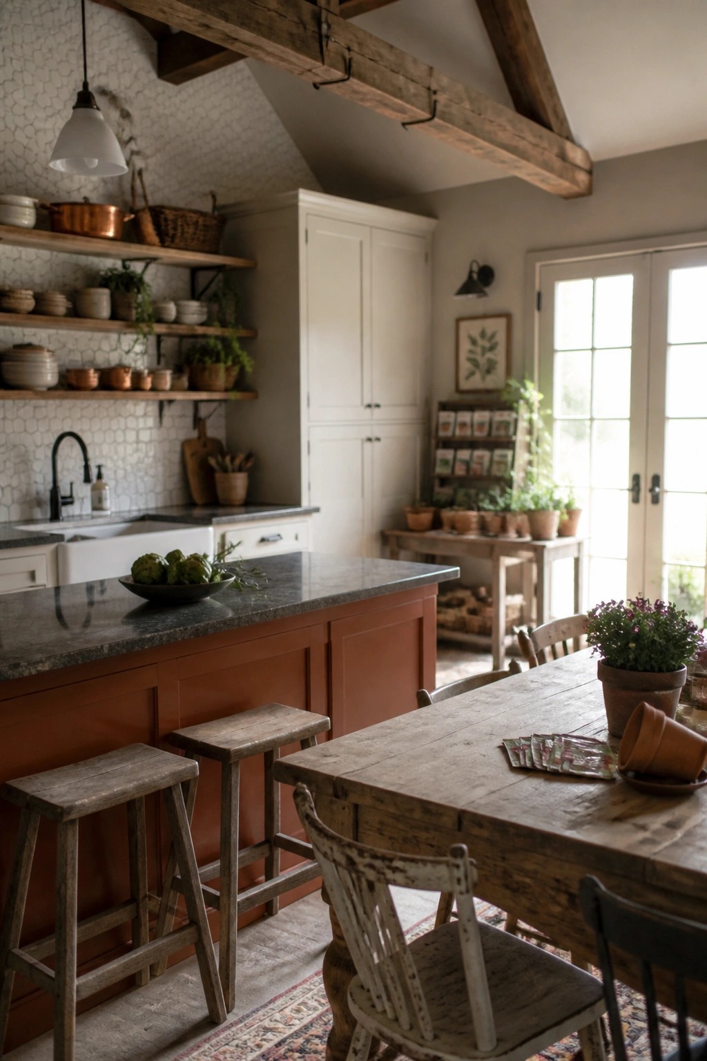 A rustic farmhouse kitchen interior showing terracotta lower cabinets and island, white upper cabinets, open wooden shelves, a farmhouse sink, and a wooden dining table with chairs.