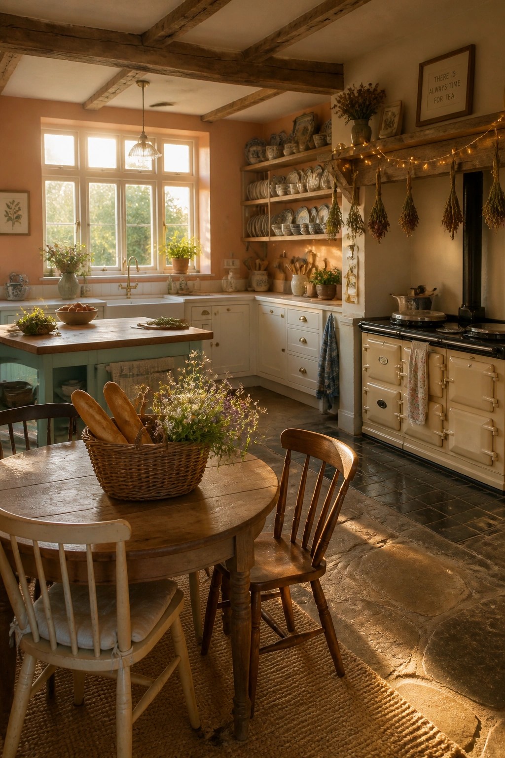 Rustic kitchen with wooden table, bread basket, chairs, and sunlit window.