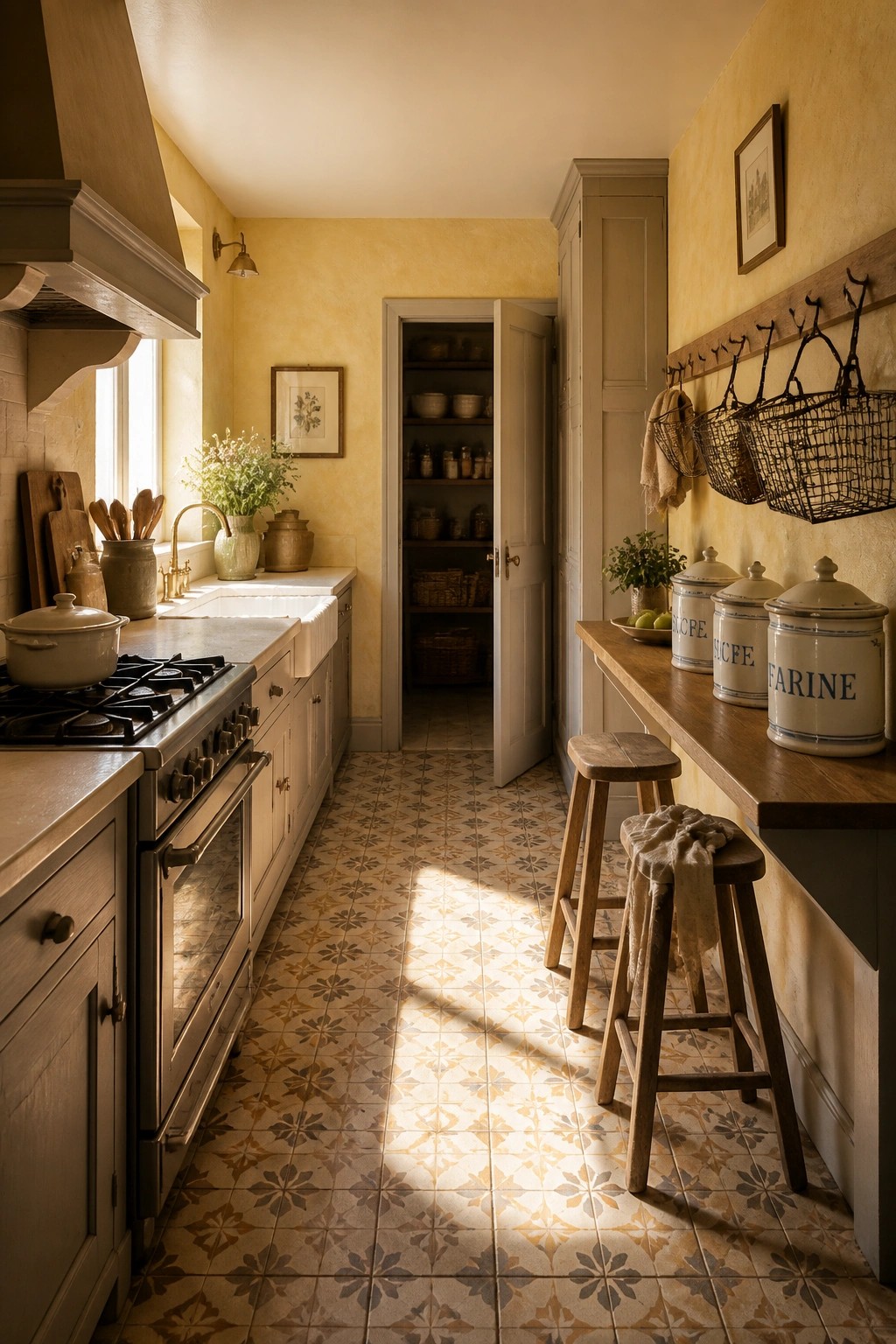 A rustic farmhouse kitchen interior with pale yellow walls, cream cabinets, a range stove, farmhouse sink, patterned tile floor, and wooden stools along a counter.