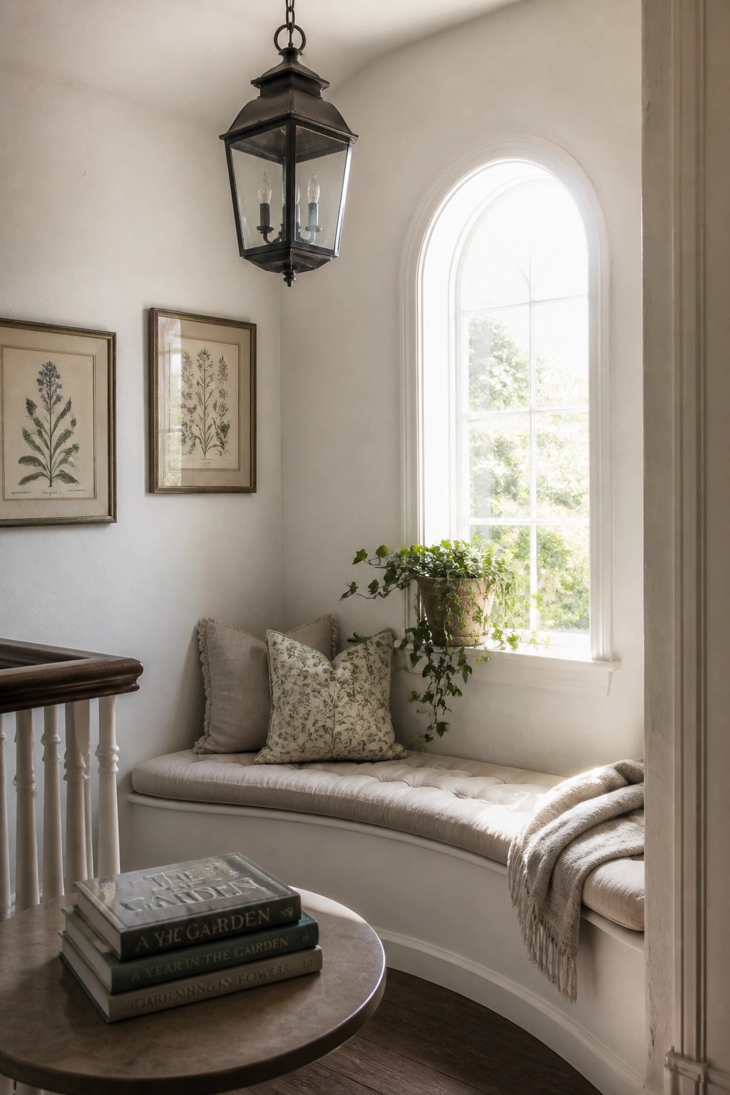 A bright white interior corner with an arched window, built-in cushioned bench seat with pillows, hanging lantern, and two framed botanical prints on the wall.