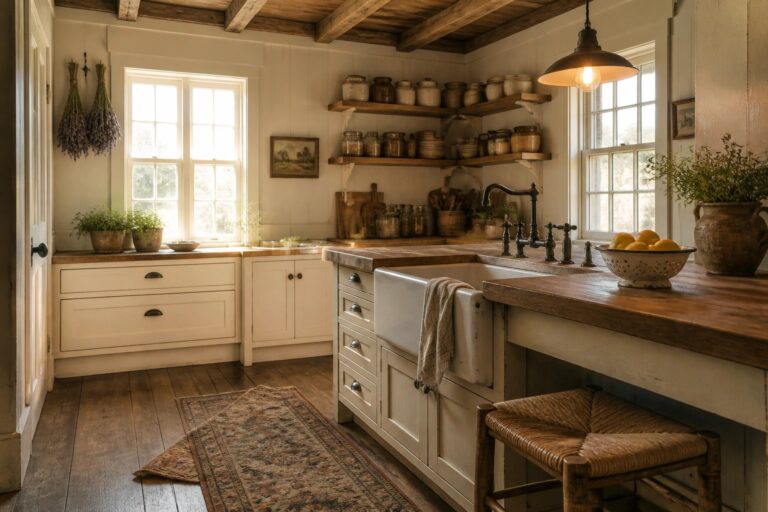 19 Rustic Farmhouse White Paint Colors for Bright Timeless Interiors A rustic kitchen with white painted cabinets, wooden countertops, a white farmhouse sink, open shelves with pottery, and a large window letting in natural light.