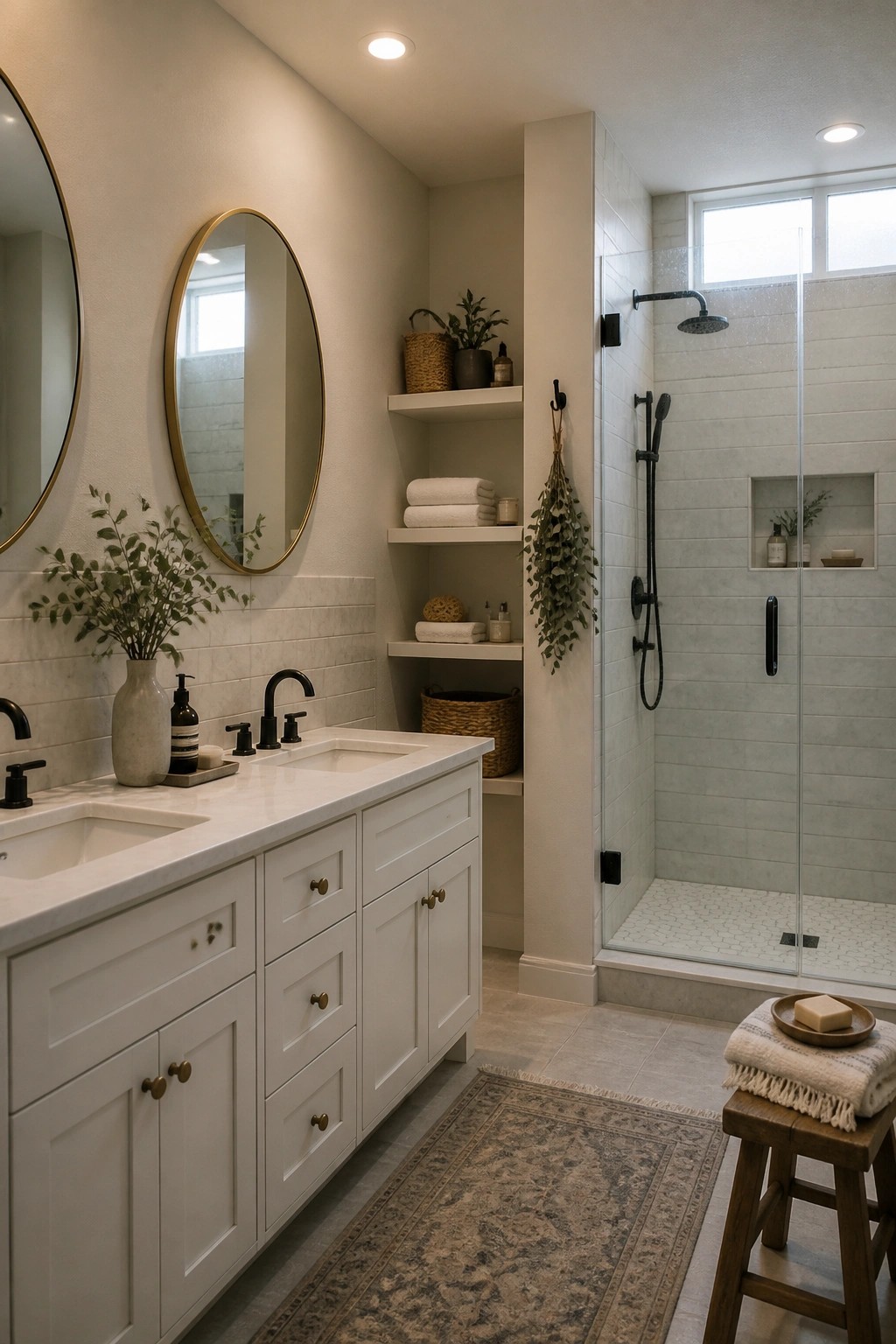 A bathroom featuring white double vanity cabinets, marble countertop, two round mirrors, built-in shelves with towels and plants, and a glass shower with white subway tile.