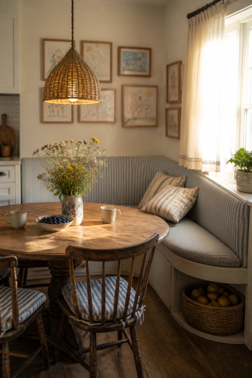 A rustic dining nook with a round wooden table, built-in blue-striped banquette, wooden chairs, woven pendant light, and light walls with framed art.