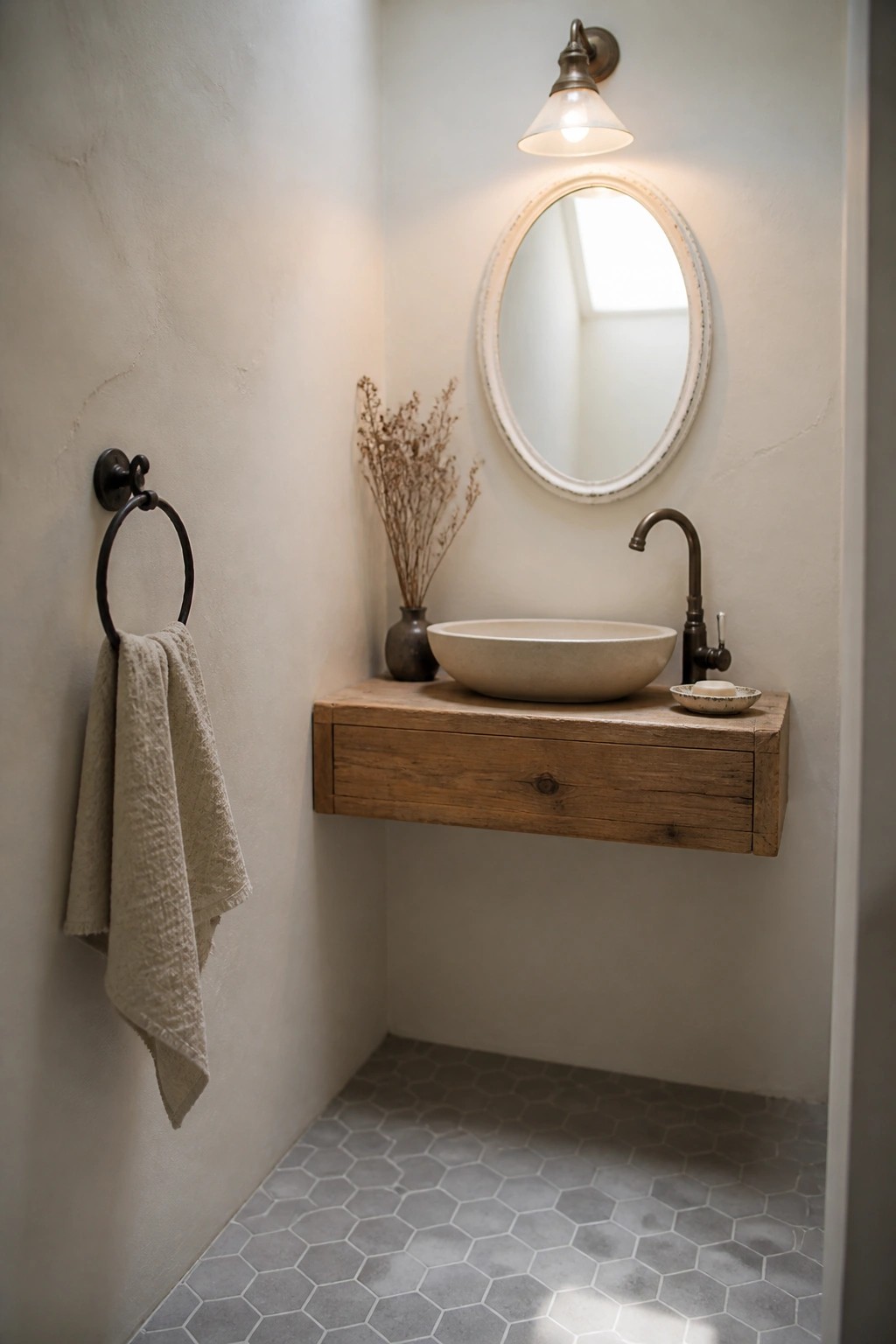 A small bathroom corner with textured off-white walls, a floating wood vanity holding a round vessel sink, an oval mirror above it, and a towel ring with linen towel on the left wall.