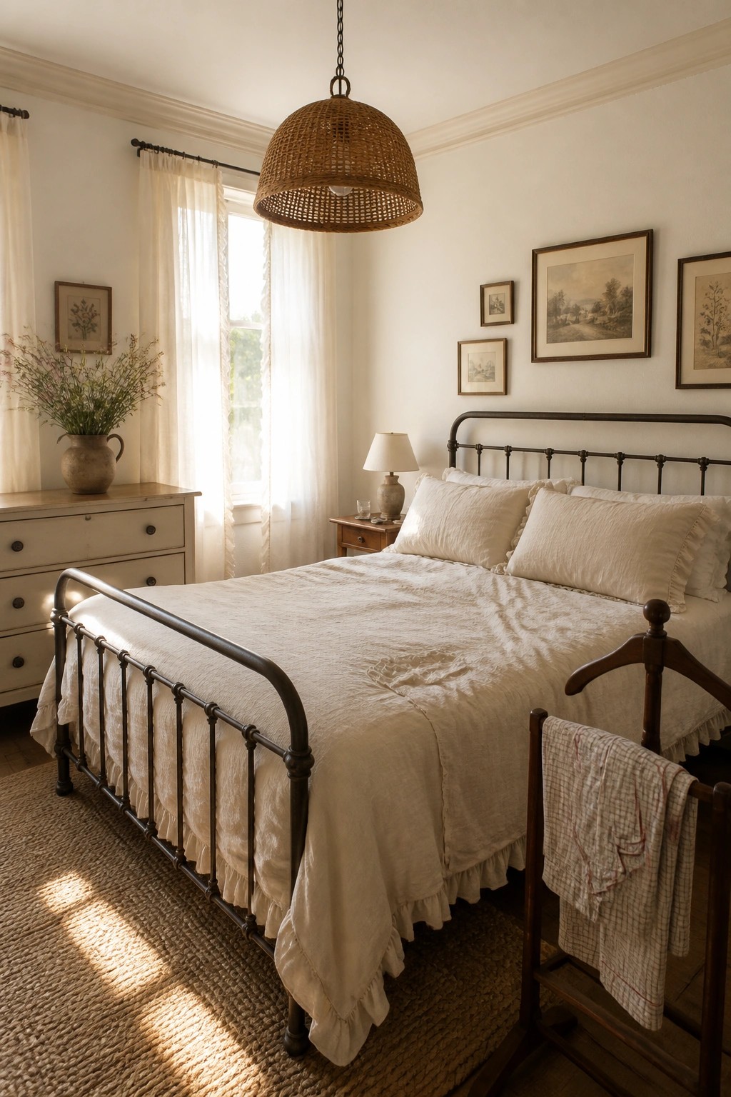 A rustic farmhouse bedroom with white walls, a black metal bed with white linens, a wooden dresser, and framed artwork.