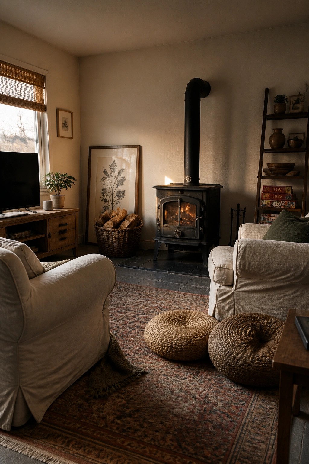 Cozy living room with wood stove, beige armchairs, woven poufs, and patterned rug