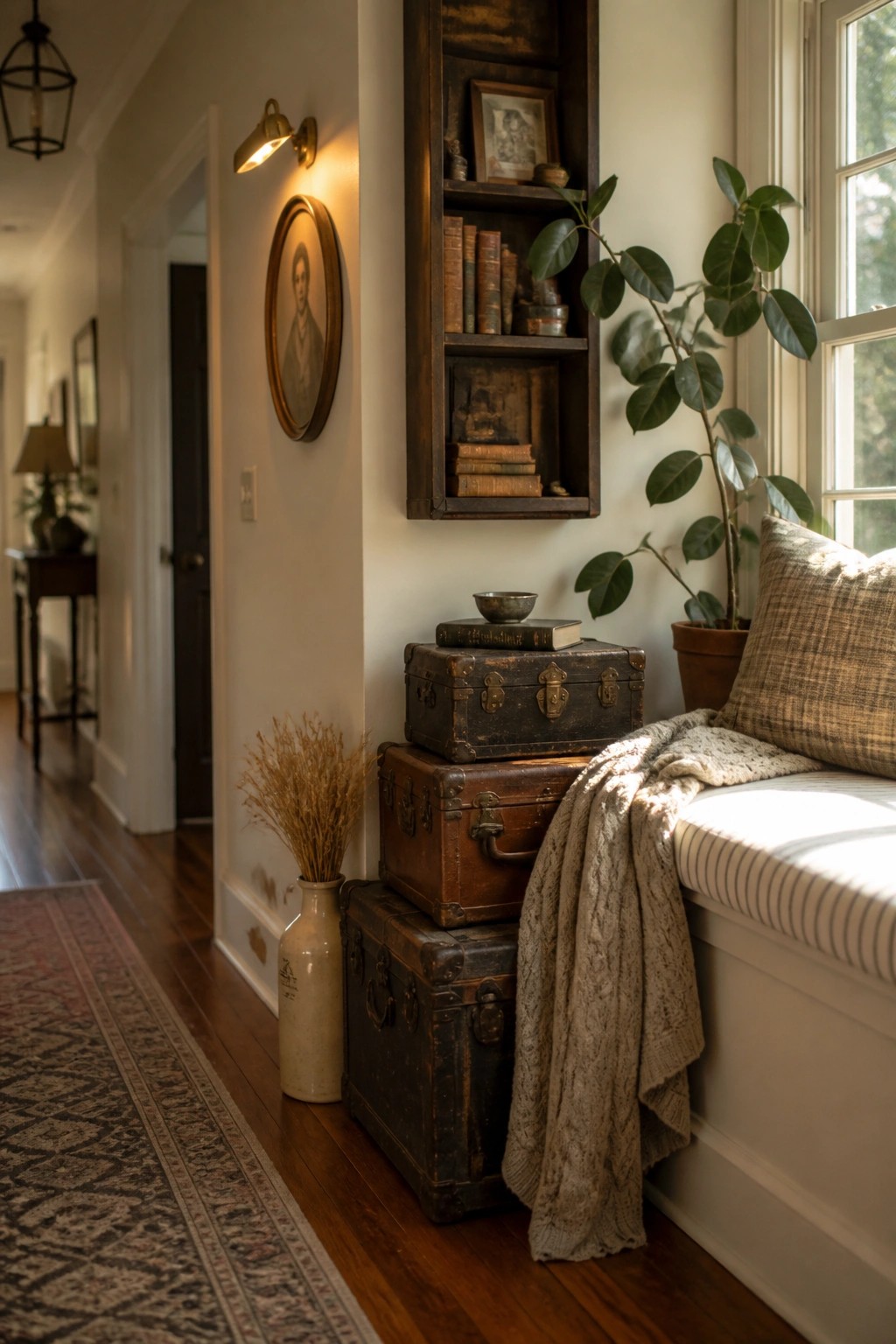 A rustic interior hallway with white walls, a built-in dark wood bookshelf, stacked vintage trunks, a ceramic vase with dried plants, and a window seat with a cushion and throw.