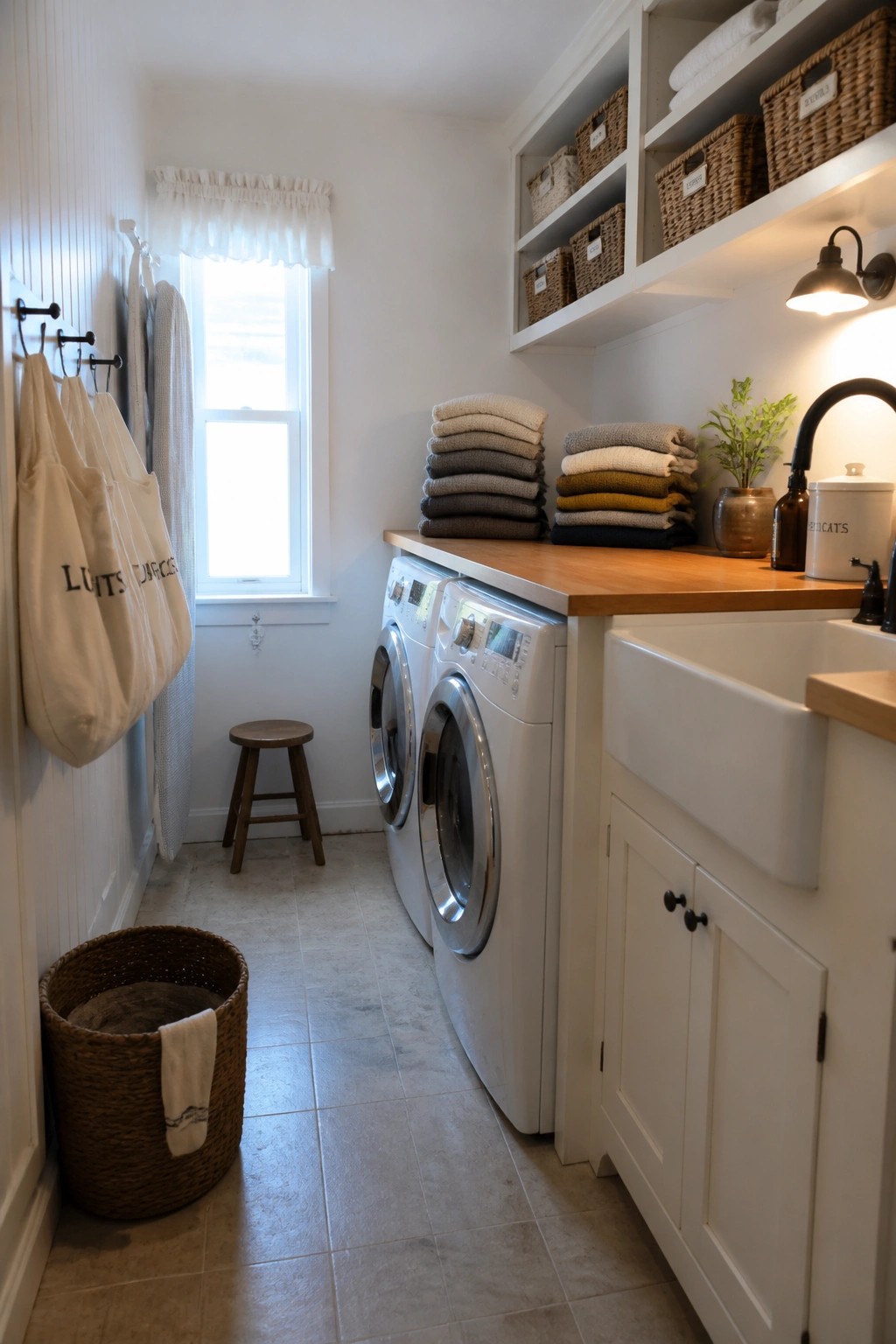Organized laundry room with white washer dryer, wooden counter, sink, and wicker baskets