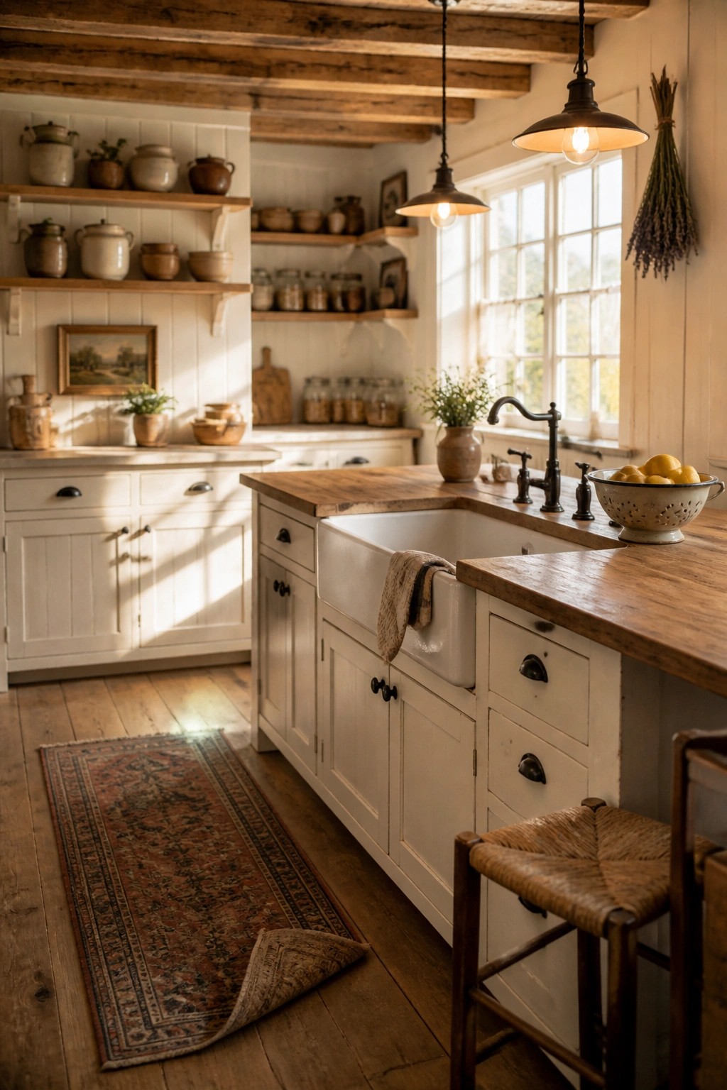 A rustic kitchen with white painted cabinets, wooden countertops, a white farmhouse sink, open shelves with pottery, and a large window letting in natural light.
