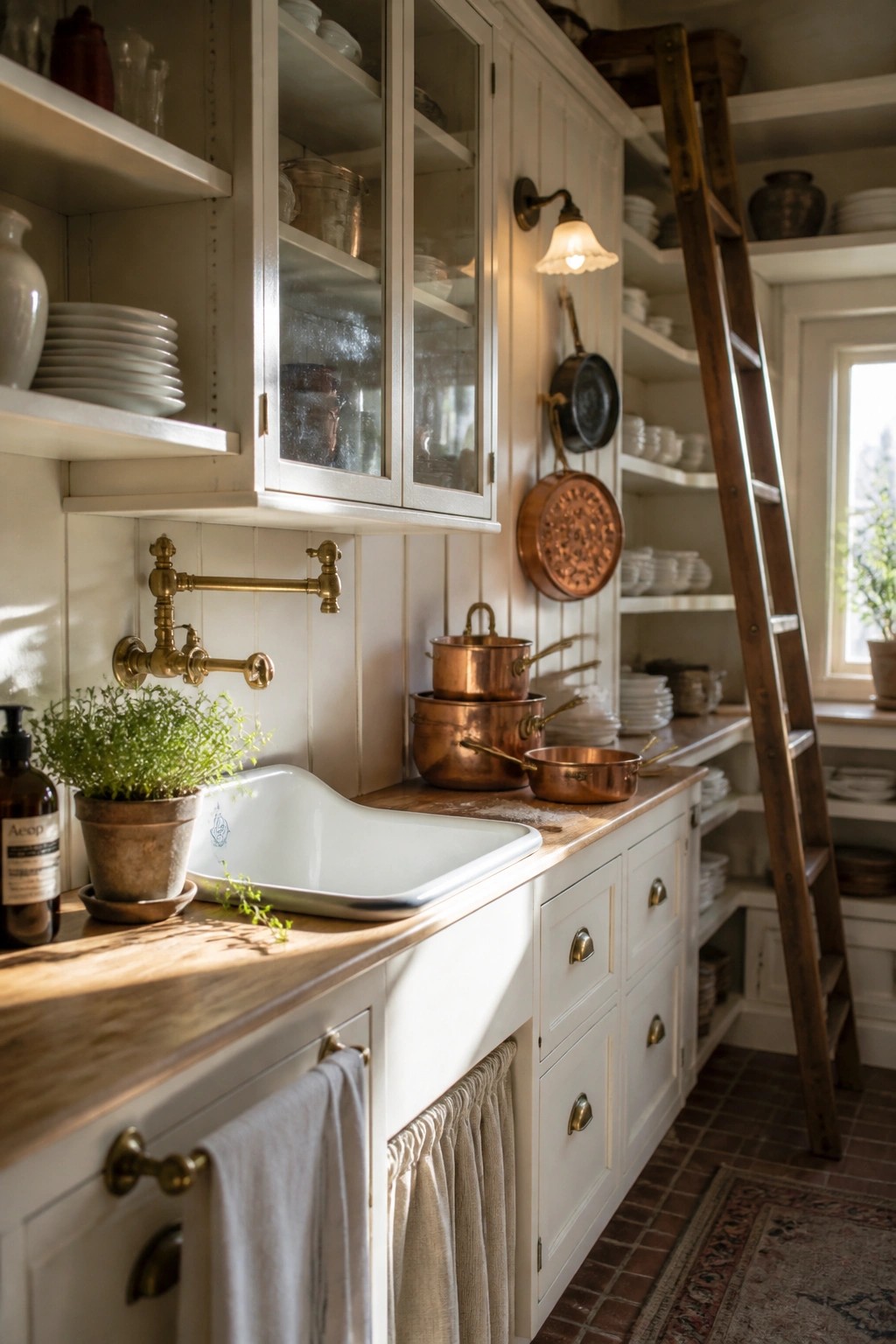 A kitchen with white painted cabinets, a white farmhouse sink, wooden countertops, brass fixtures, and copper pots on open shelves.