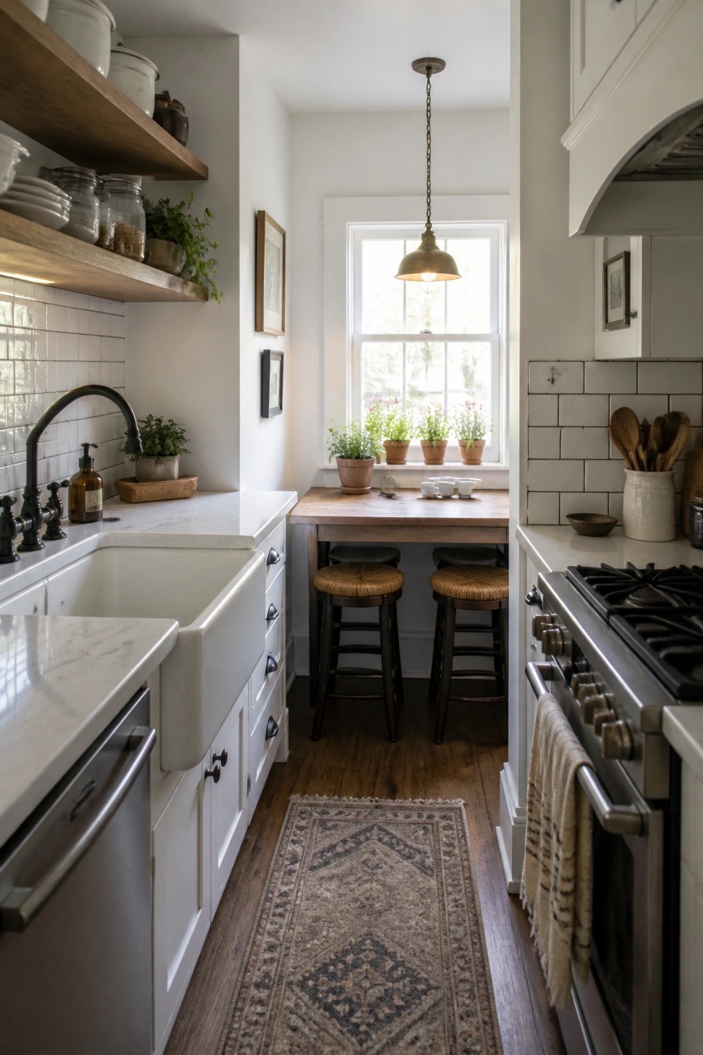 A narrow rustic kitchen with white cabinets, a farmhouse sink, marble countertops, a wooden table with two stools, and a window above the table.