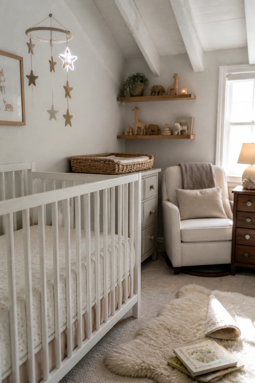 A white crib and dresser in a light nursery with wooden floating shelves, a rocking chair, and a star mobile.