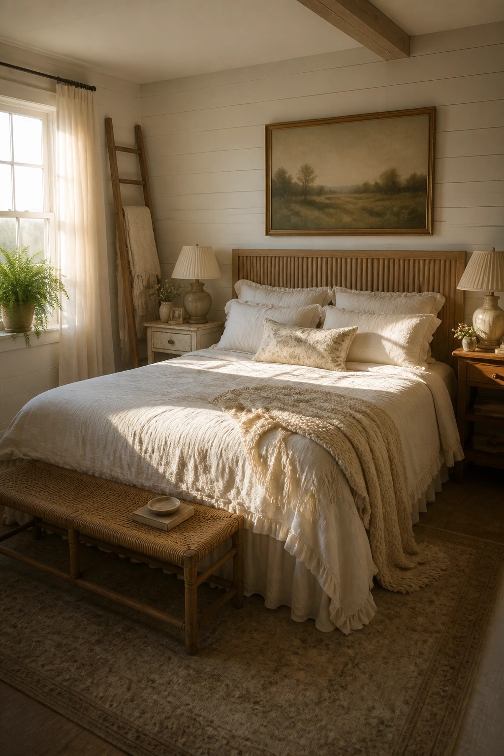A bedroom with white shiplap walls, a wooden bed frame with white bedding, a woven bench at the foot, and a landscape painting above the headboard.