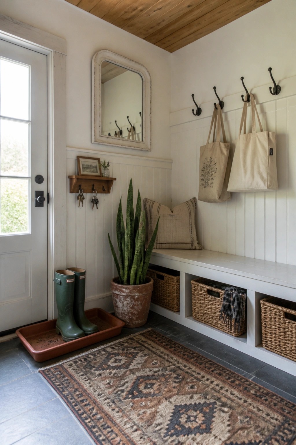 A white painted mudroom with wainscoting, a built-in bench with storage baskets, wall hooks holding tote bags, a mirror, and green boots on a tray.