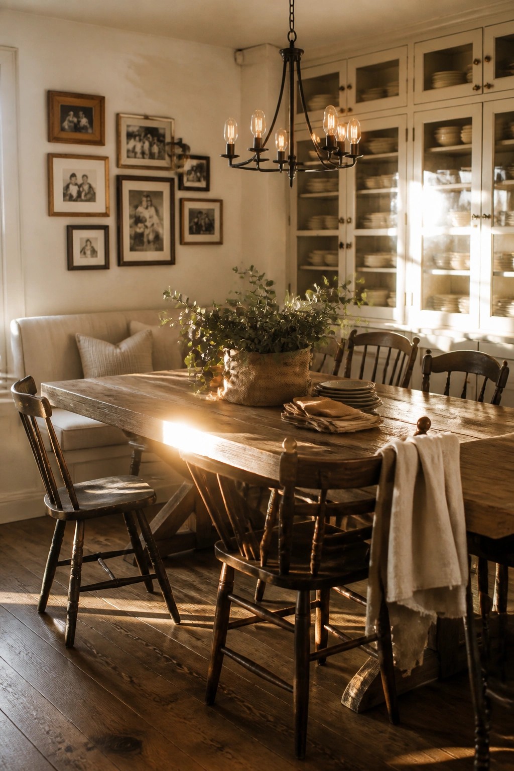 A rustic dining room with a long wooden table, dark spindle-back chairs, white built-in cabinets along one wall, and framed photos above a cushioned bench.