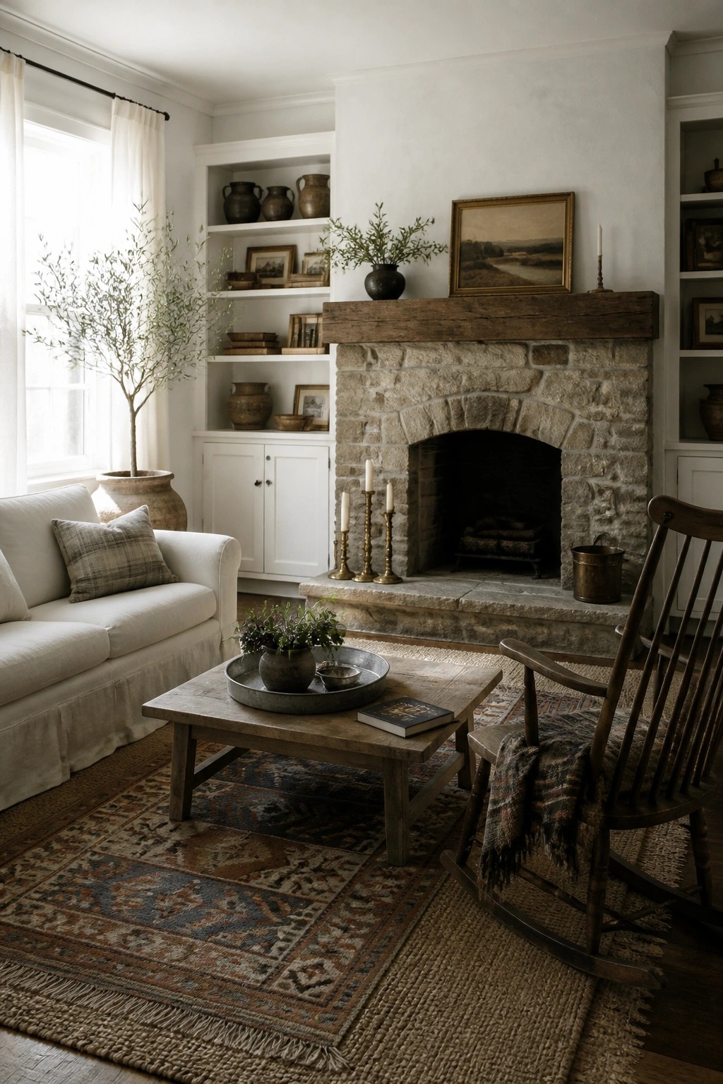 A living room featuring a large stone fireplace with a dark wood mantel, white built-in shelves, a white sofa, a wooden coffee table, and a wooden rocking chair arranged on layered rugs.