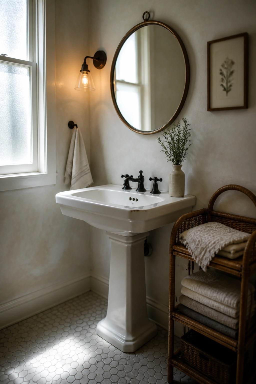 A white pedestal sink with black fixtures sits below a round mirror in a bathroom with light walls and a window on the left.