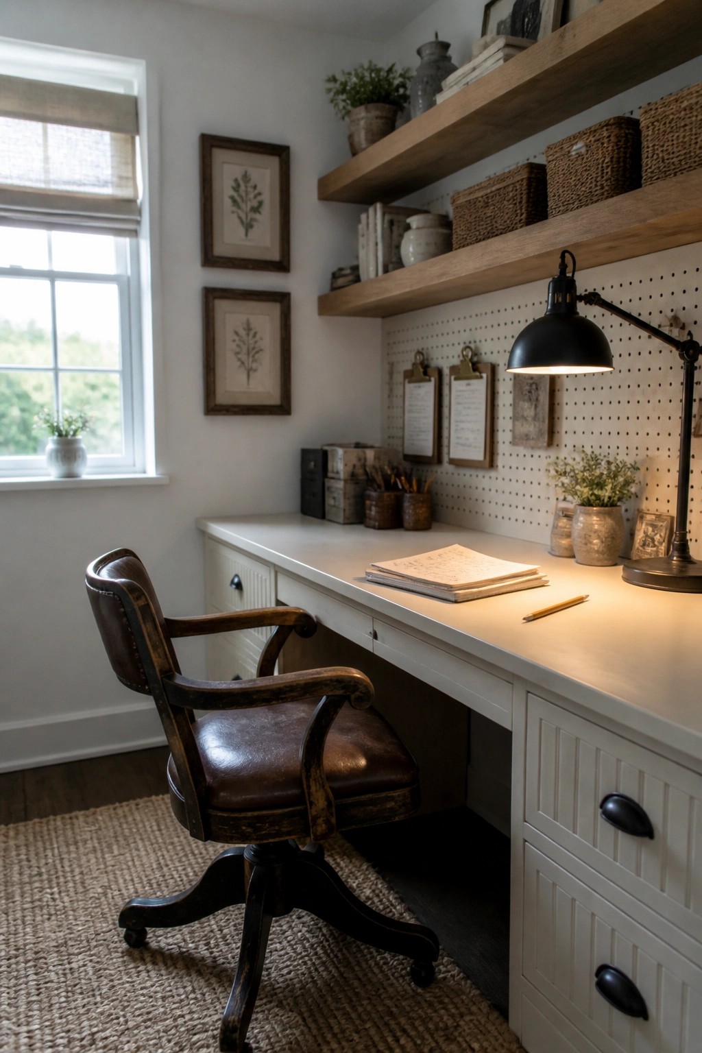 A home office with a white desk, brown leather swivel chair, wooden floating shelves, and a pegboard wall under soft natural light from a nearby window.