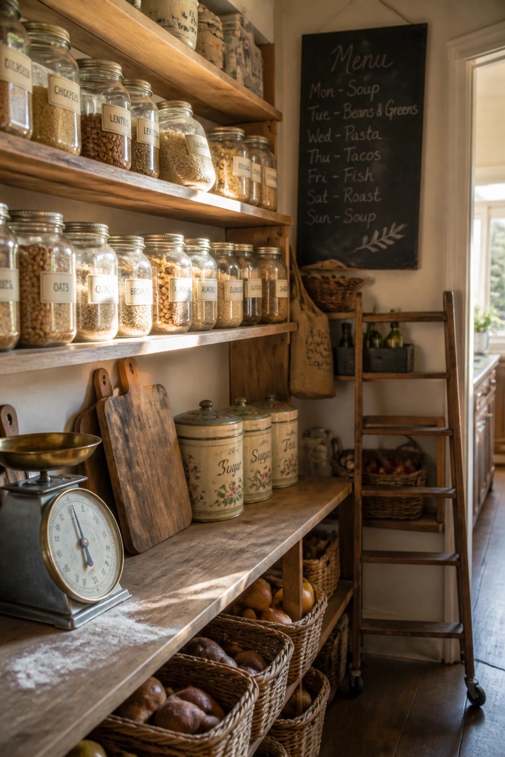 Rustic pantry with wooden shelves of labeled jars, baskets of potatoes, scale, and chalkboard menu.