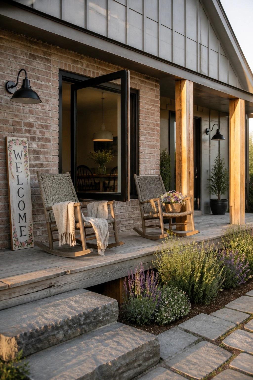 Two wooden rocking chairs sit on the porch of a brick house beside a vertical welcome sign, with an open black door visible behind them.