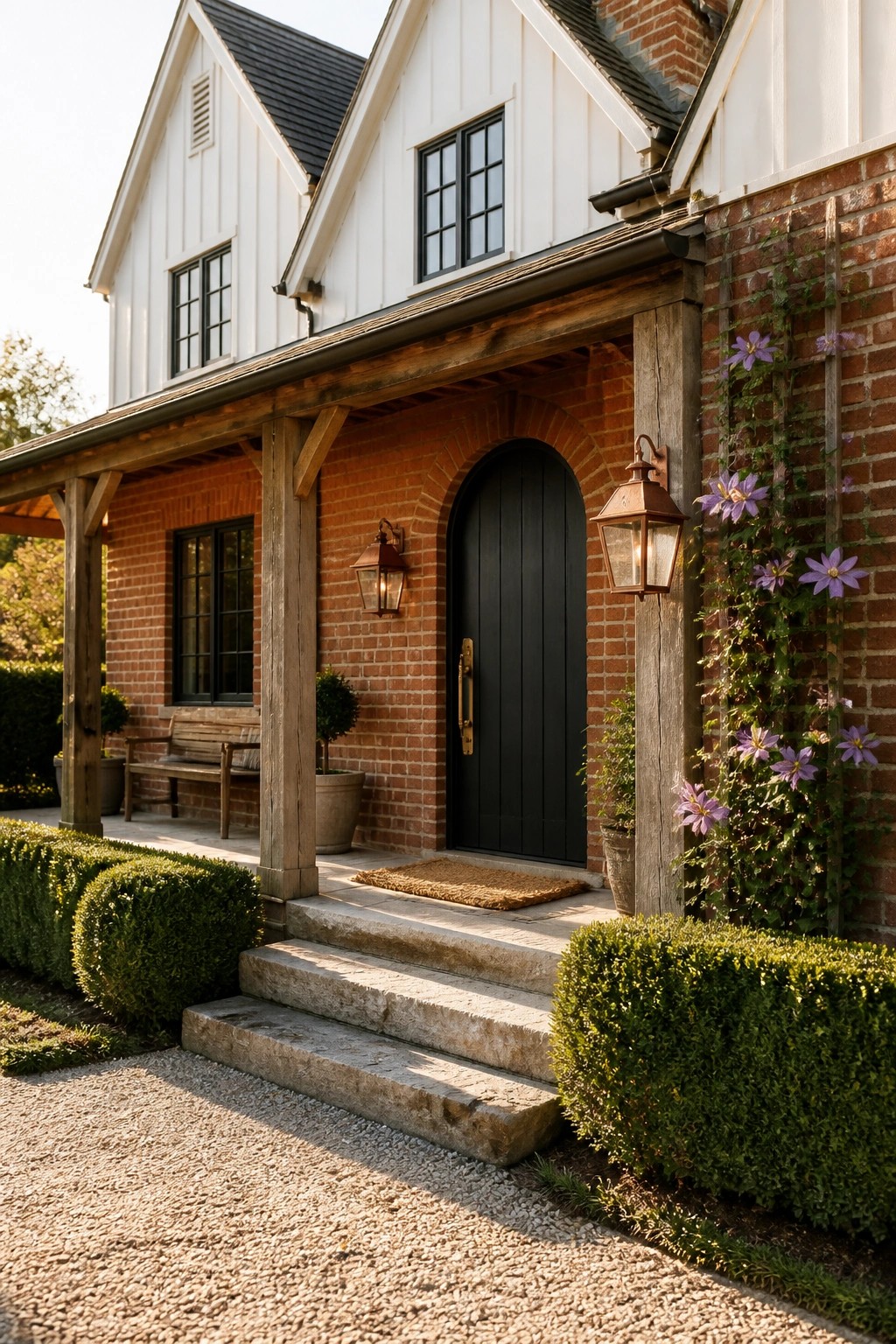 A brick house with white gables shows an arched black door under a brick arch, flanked by wooden porch posts, wall lanterns, and a climbing vine with purple flowers on the right side.