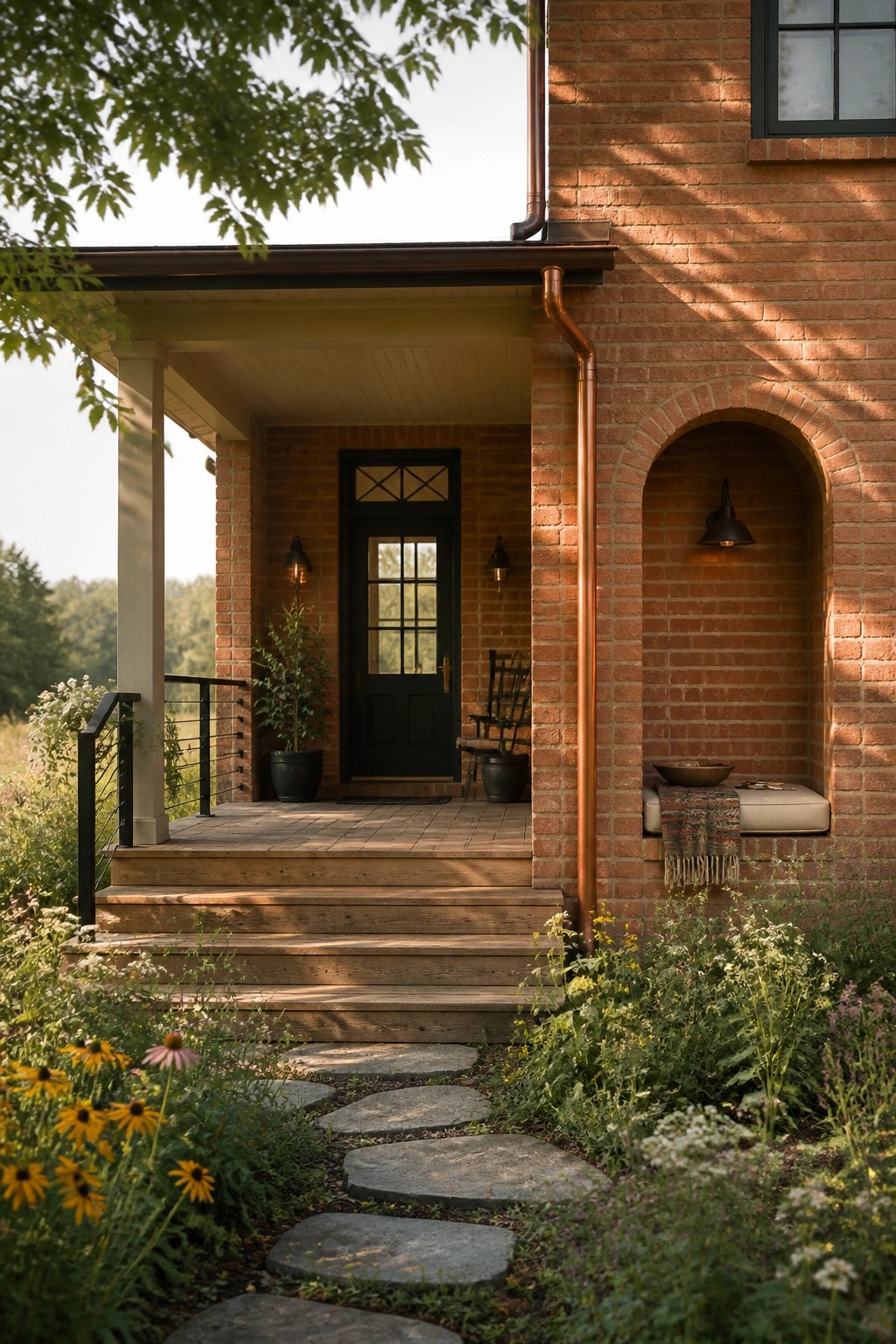 A red brick house with a front porch, black door, wooden steps, copper downspout, and an arched brick niche holding a bench and wall light, with a stone path in the foreground.