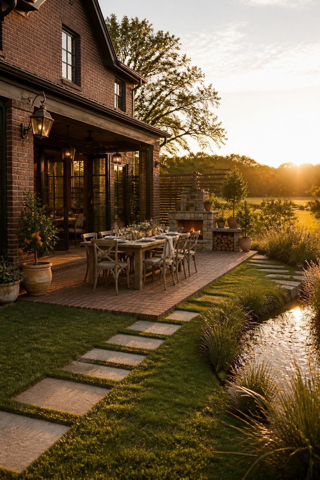 A brick house exterior with open doors leading to a brick patio that holds a long wooden dining table and a stone fireplace, with a stone path running through the grass toward a small pond.