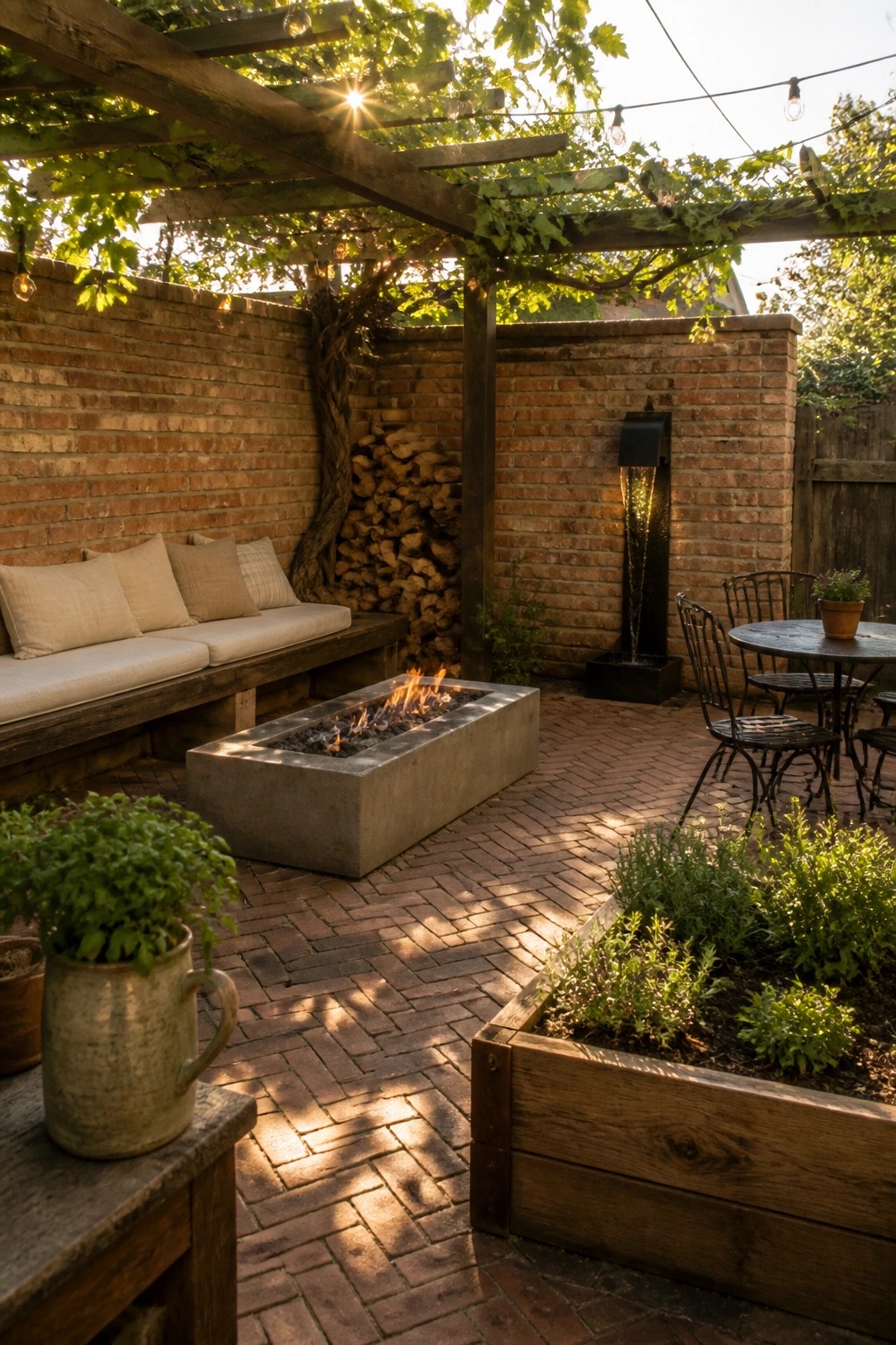A brick-walled patio with a concrete fire pit, wooden bench seating, a water feature on the wall, and a raised wooden garden bed under a vine-covered pergola.