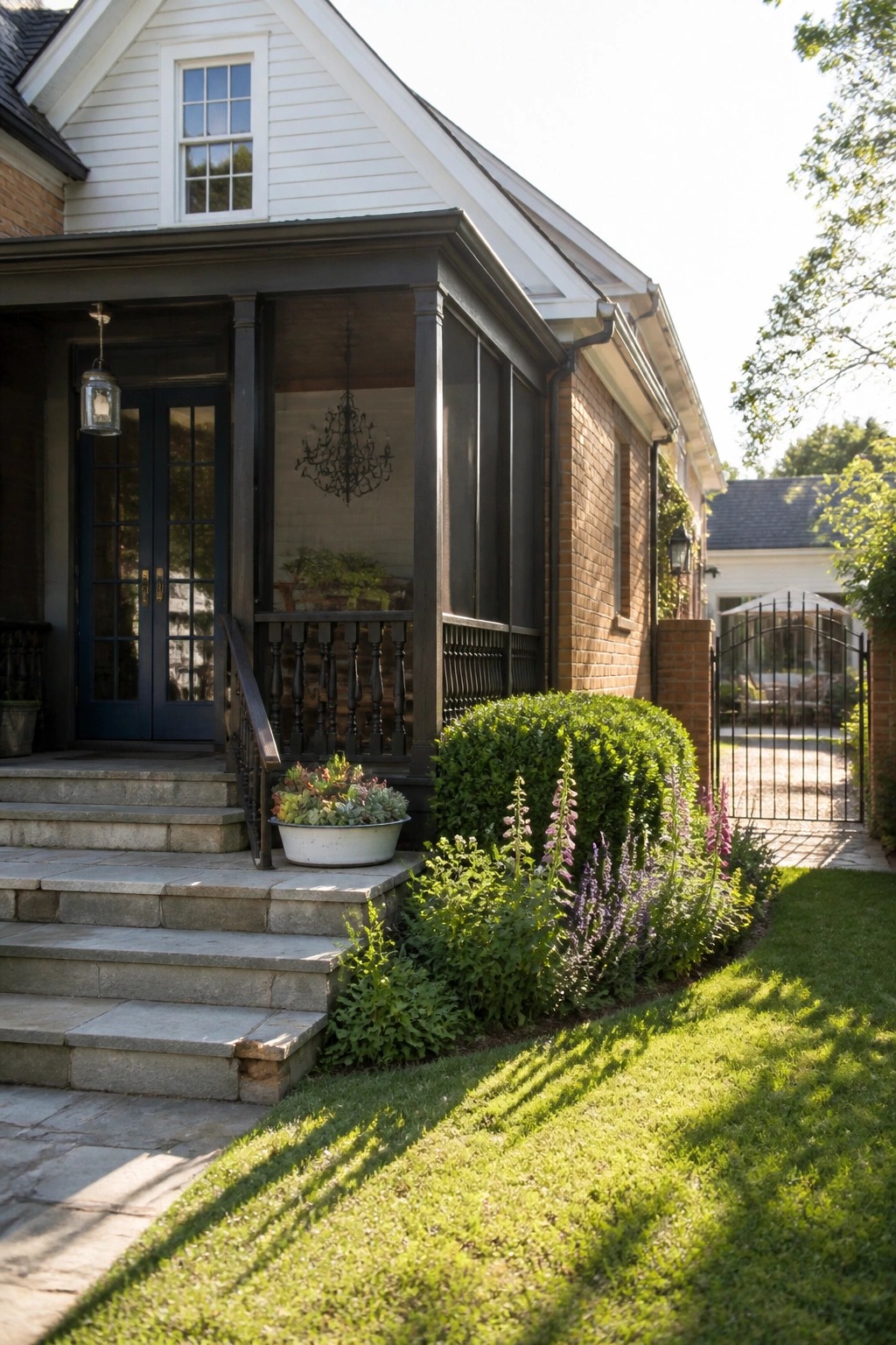 A brick house exterior with white siding on the upper gable, dark trim and porch posts, a blue front door, stone steps, and low garden beds along the lawn.