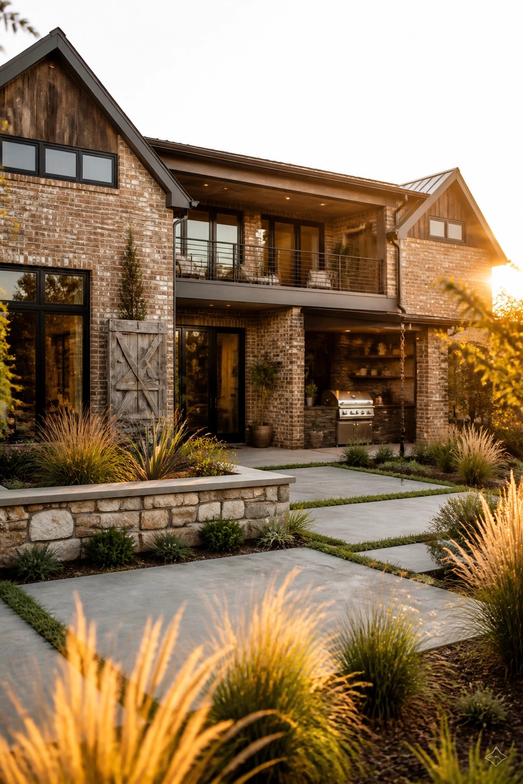 Modern brick home with balcony, outdoor kitchen, patio, and tall grasses at sunset