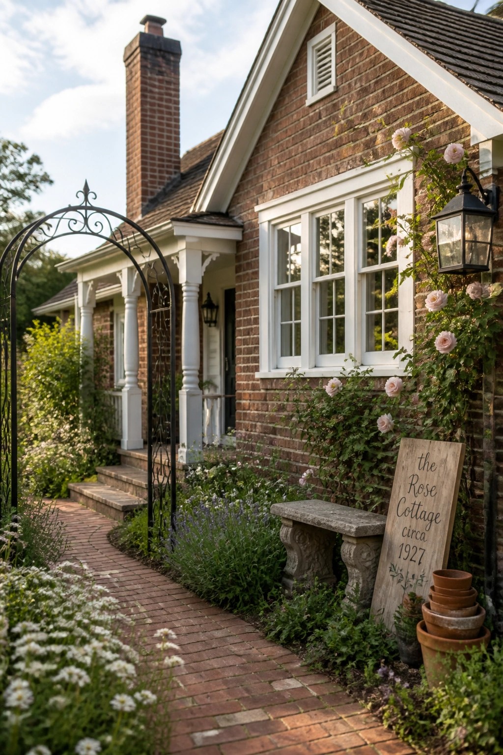 A brick cottage exterior with white window trim, a chimney, climbing pink roses along the wall, a brick pathway, and a wooden sign reading 