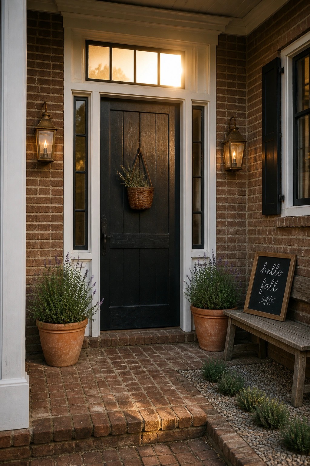 Brick doorway with dark door, hanging basket, lanterns, potted plants, and fall sign.