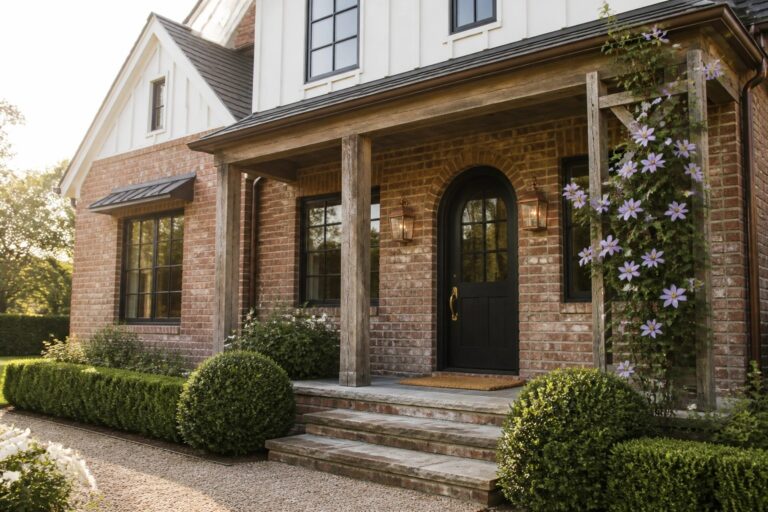 A brick house with white gables shows an arched black door under a brick arch, flanked by wooden porch posts, wall lanterns, and a climbing vine with purple flowers on the right side.