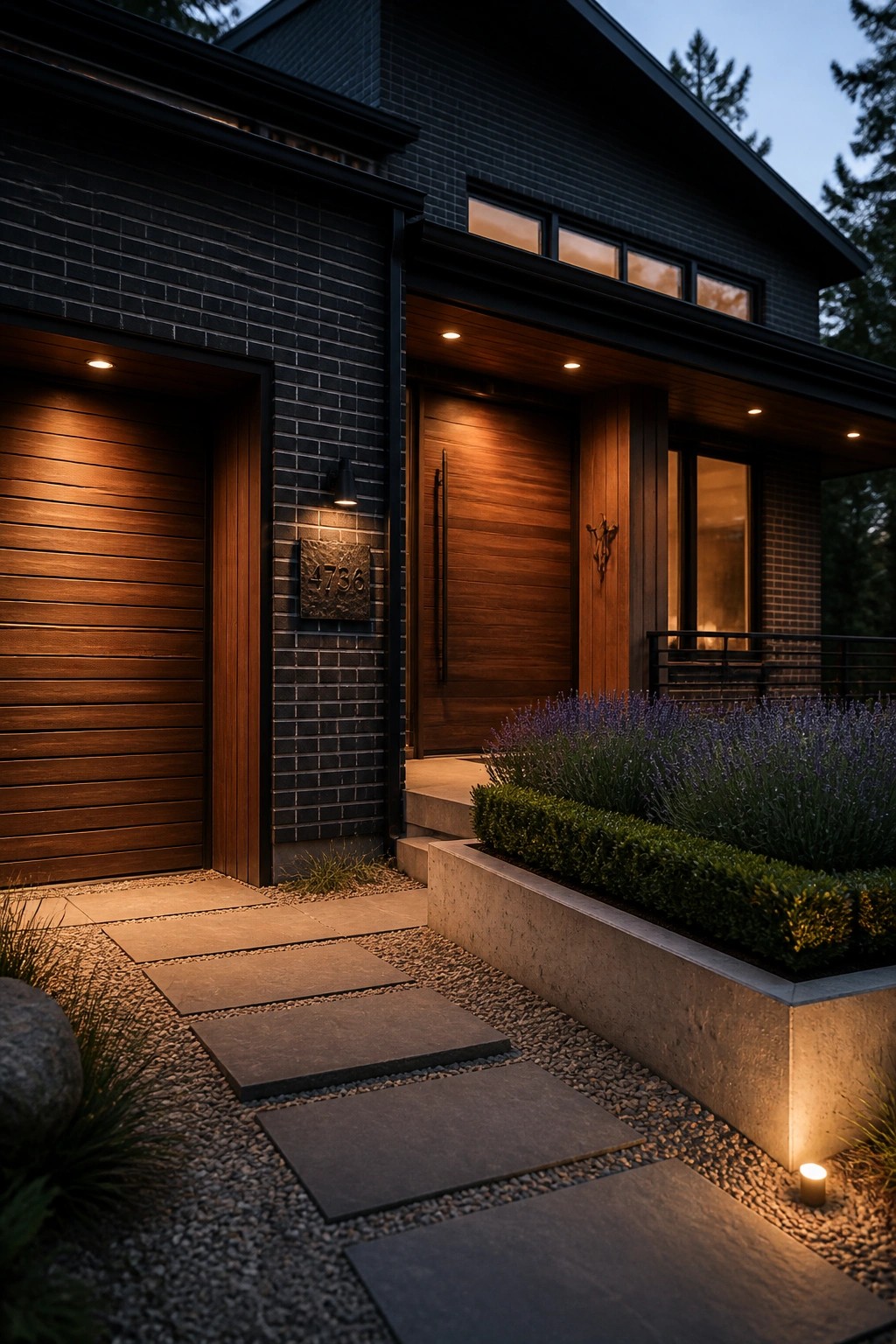 Modern dark brick home with wooden doors, stone pathway, and glowing garden at dusk.