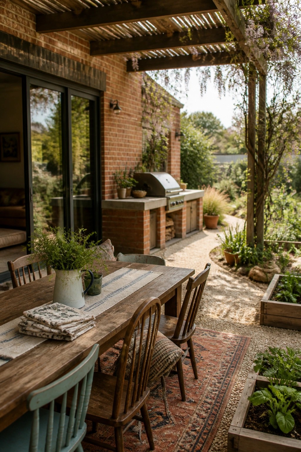 Rustic wooden dining table with chairs on rug beside brick outdoor kitchen and garden