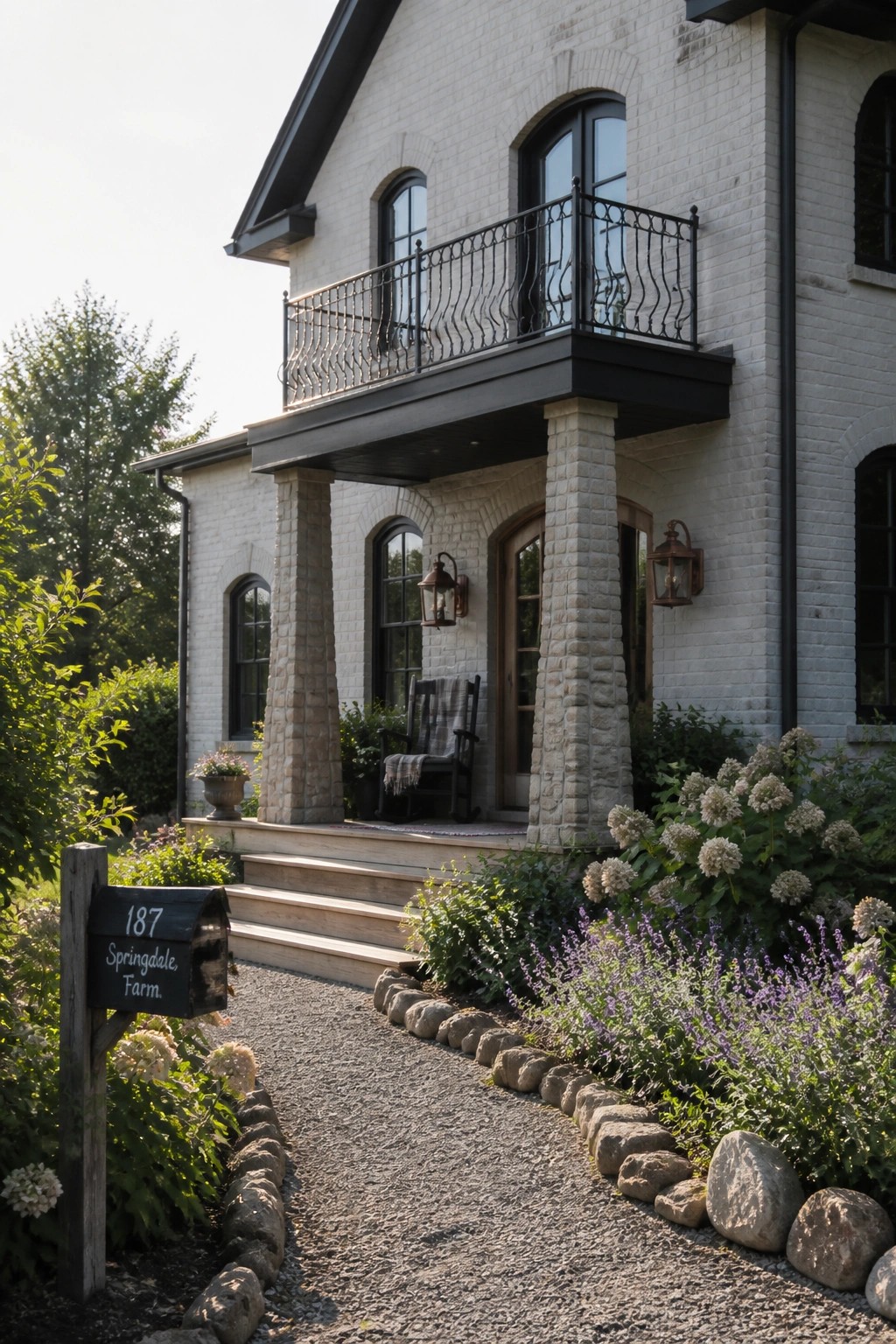 A white brick house with a front porch supported by large stone columns, a black metal balcony above, and a gravel path leading to the steps.