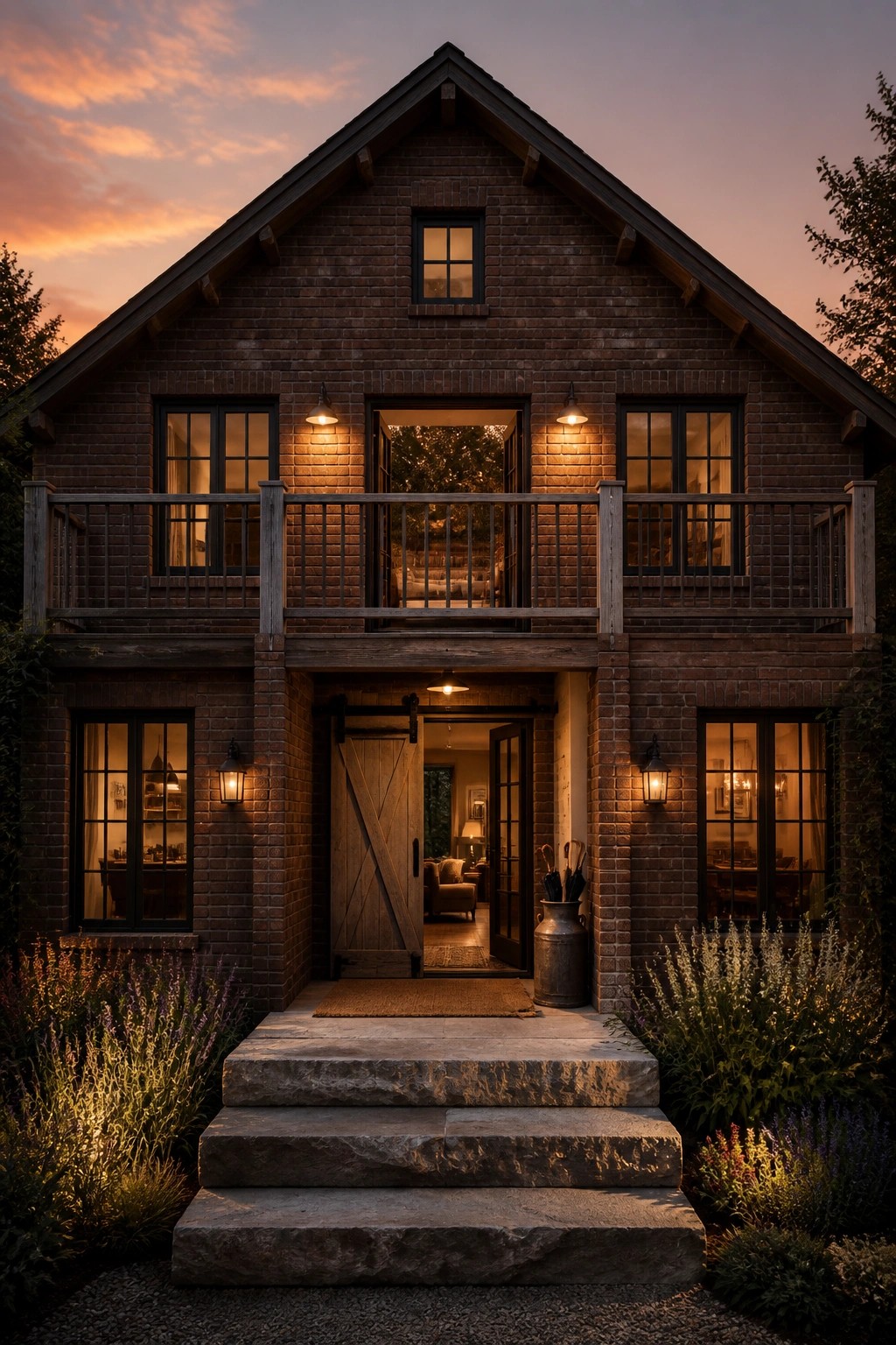 Front view of a two-story brick house with a large wooden sliding barn door at the main entrance, a balcony above, and stone steps leading to the door.
