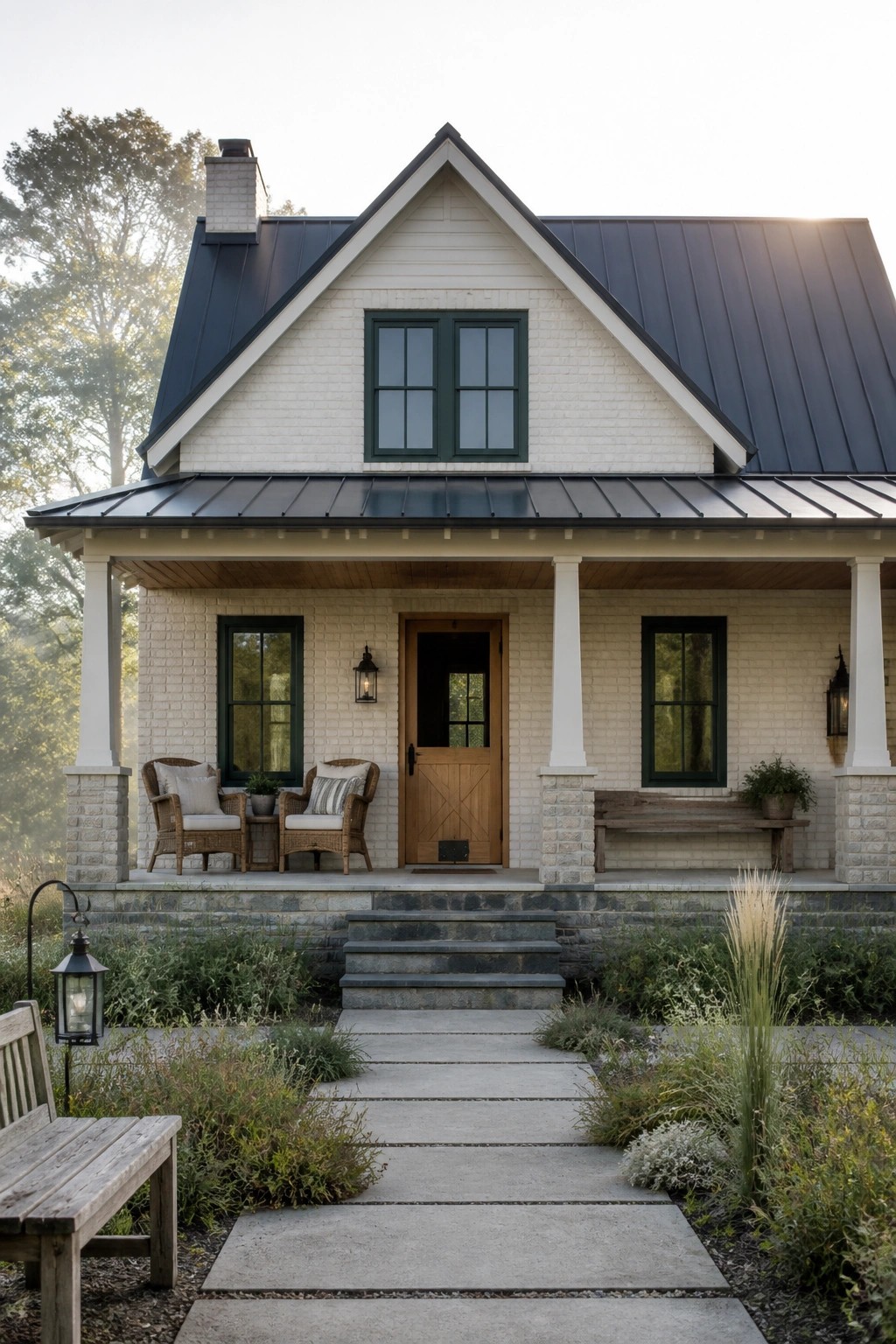 Front view of a white brick house with a dark metal roof, green-trimmed windows, a wooden door, and a covered porch with white columns.