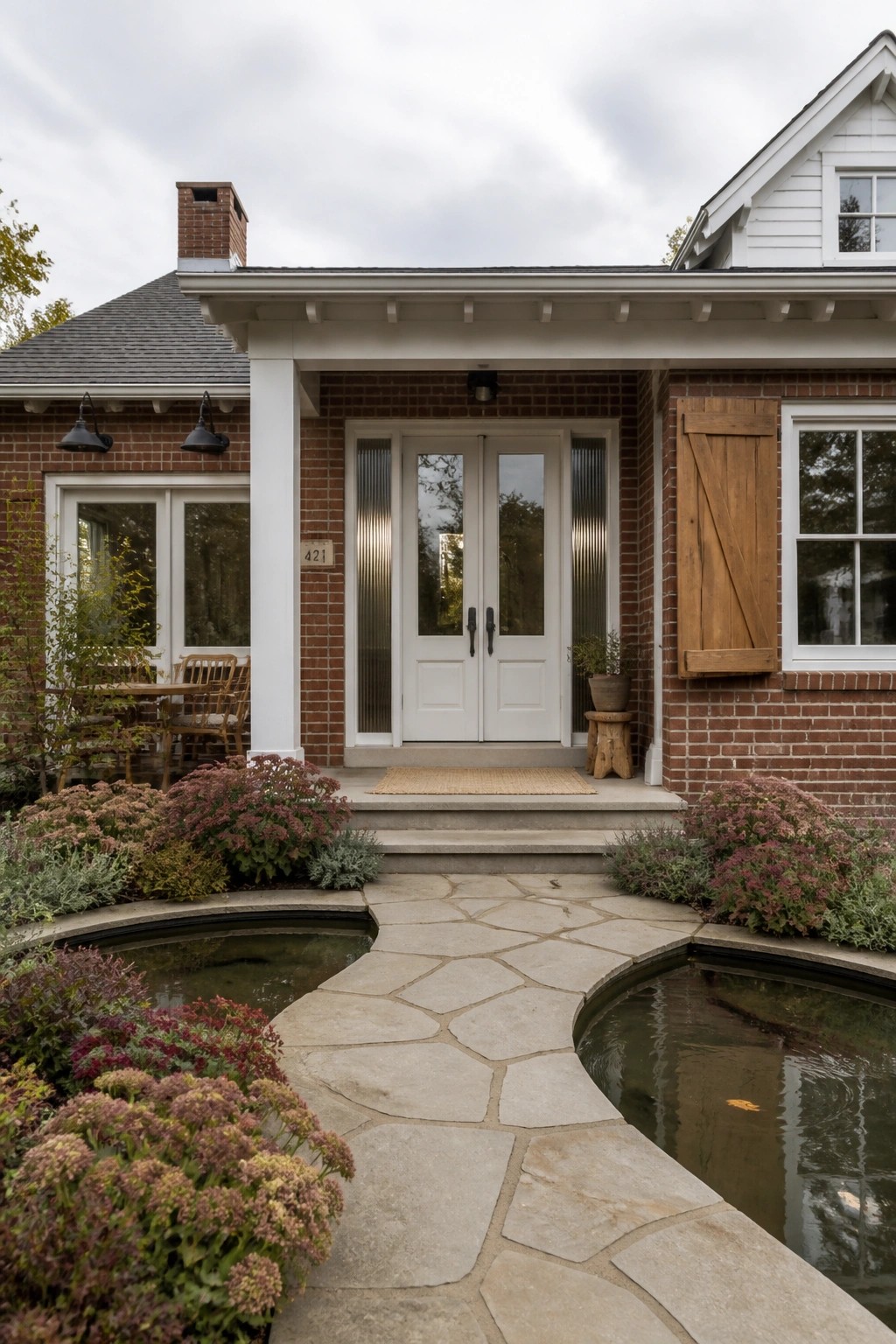 Front view of a red brick house with white double entry doors, a covered porch supported by white columns, and a stone pathway leading to the steps.