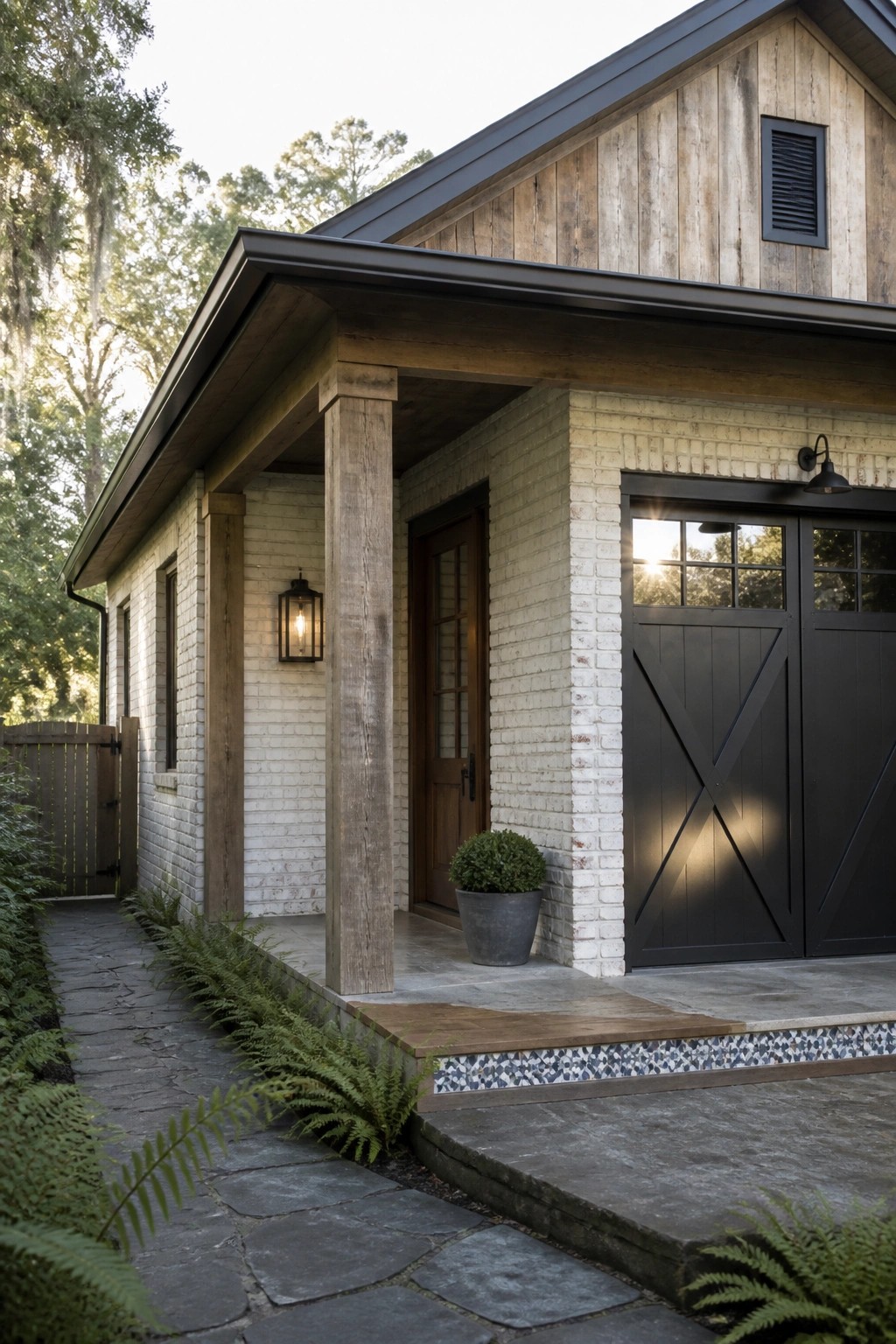 A white brick house exterior with thick wooden porch posts, a dark double garage door, and a stone pathway bordered by ferns.