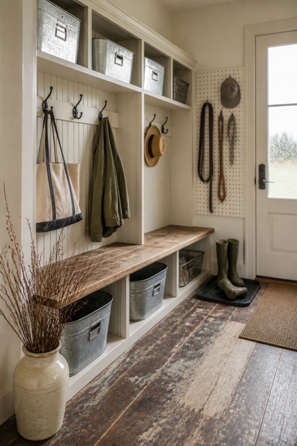 White built-in mudroom storage with hooks, cubbies, a wooden bench, and bins beside a white door.