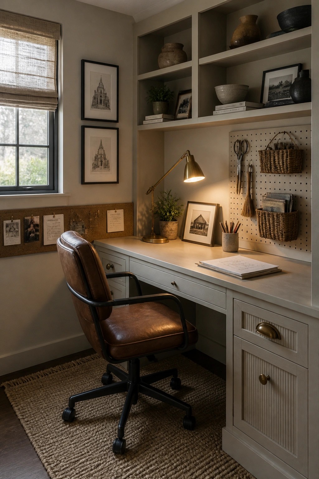Brown leather chair at light gray built-in desk with shelves, pegboard, and lamp
