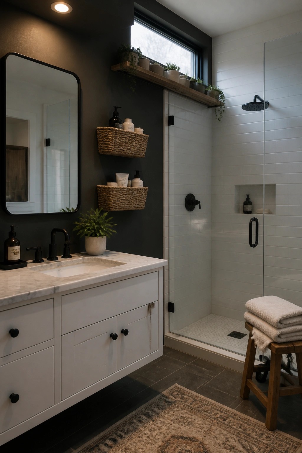A bathroom with a dark painted accent wall, white floating vanity, marble countertop, woven baskets on the wall, and a glass-enclosed shower with white subway tile.