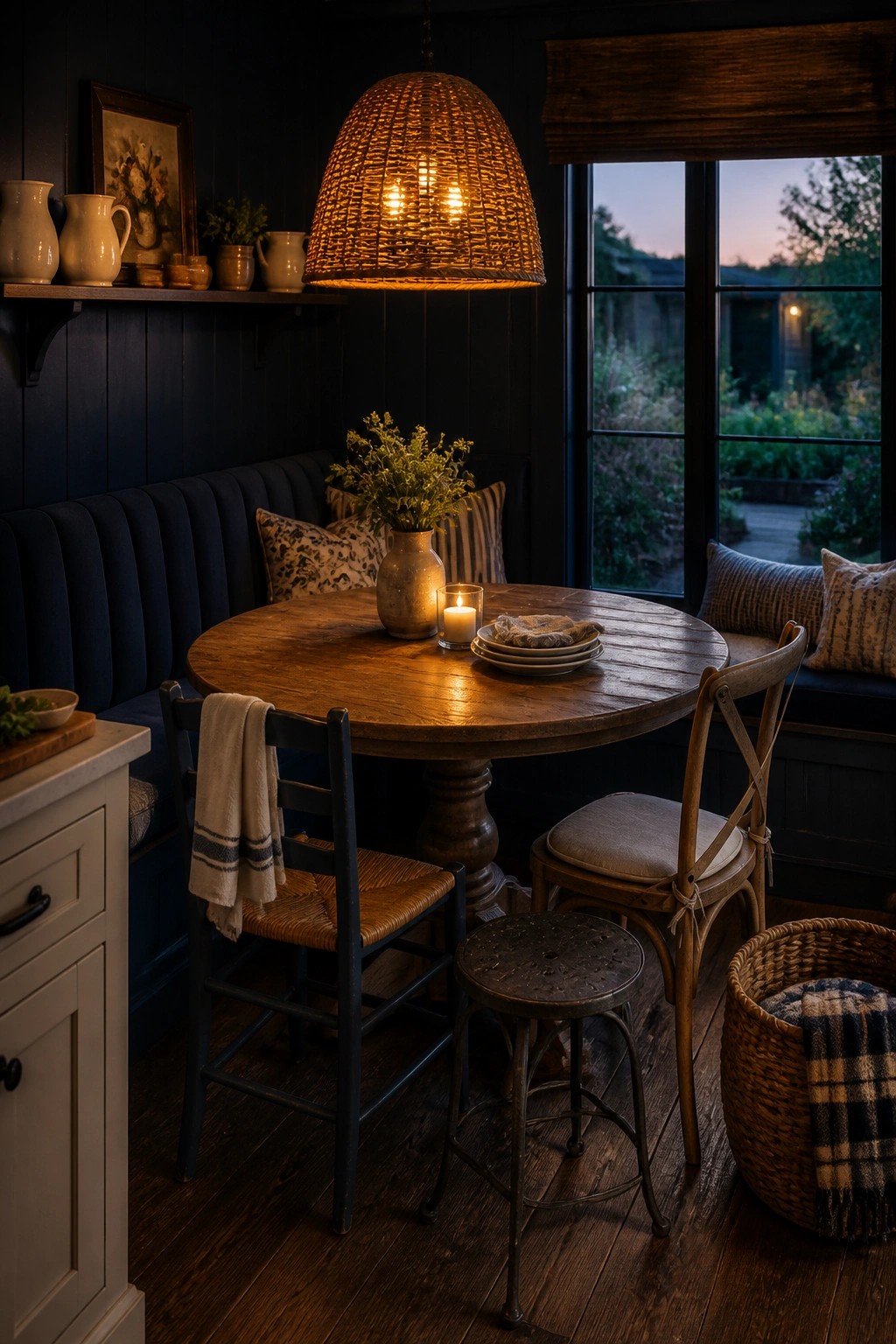 A round wooden dining table with mixed chairs sits in a room with dark navy walls, a woven pendant light overhead, and a window showing an outdoor view.