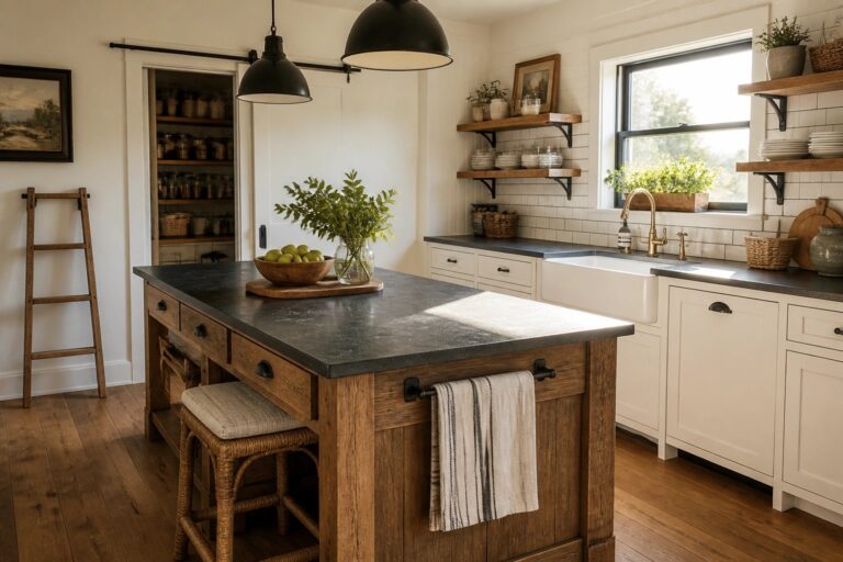 Rustic kitchen with wooden island, black pendants, stools, and white farmhouse sink