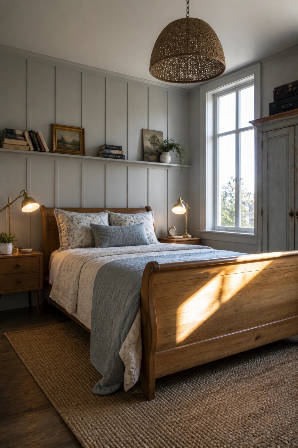 A bedroom featuring light gray vertical paneling on the walls, a wooden sleigh bed with blue and white bedding, and sunlight streaming through a large window.
